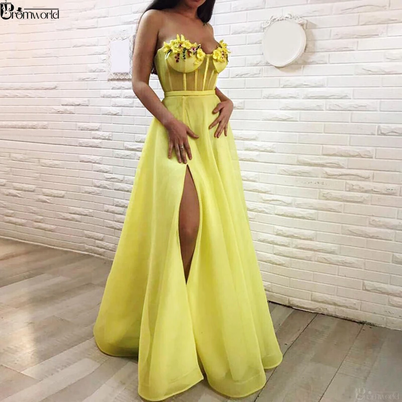 Promworld A Line Sweetheart Flowers Tulle Yellow Formal Evening Dress Long  Side Slit Sexy Evening Gowns Prom Dresses 2021|Evening Dresses| - AliExpress