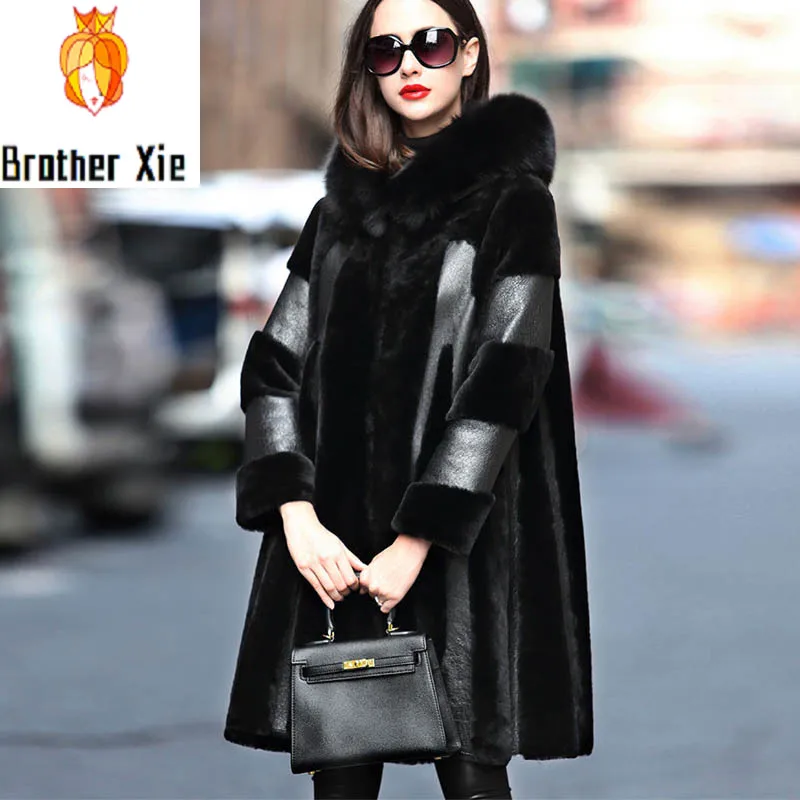 

Brand Sheep Shearing Fur Overcoat Women Fox Fur Hooded Real Fur Long Coat Office Lady Elegant Winter Jacket Plus Size 4XL