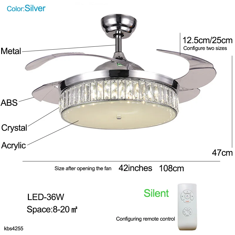 Хрустальный потолочный вентилятор для гостиной светодиодный потолочный вентилятор в спальню складной веер-крыло для обеденного зона складной потолочный вентилятор на кухню дистанционное управление - Цвет лезвия: Silver 4255