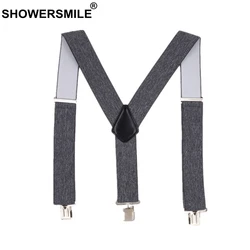 SHOWERSMILE Male Adult Suspenders Gray Wide 5cm Mens Braces For Trousers 3 Clips Elastic Brand Man Pants Accessory 120cm
