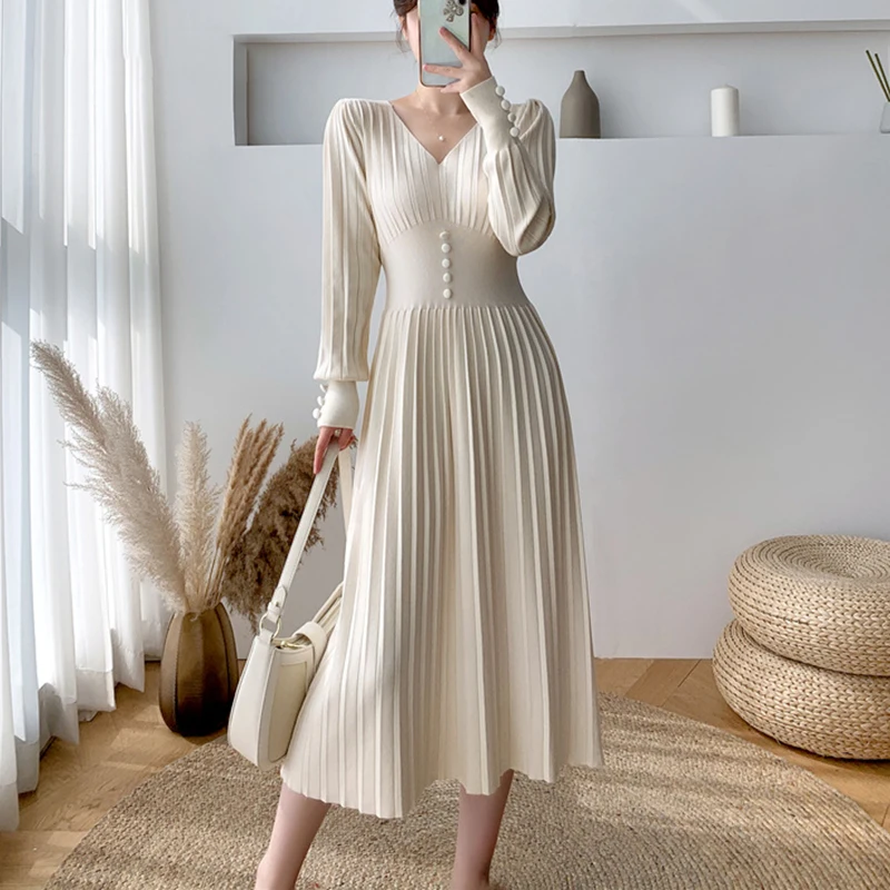 

EHQAXIN 2021 Thick Sweater Dresses Elegant Women High Waist Slim Midi Dress Autumn Winter Warm A-Line Knitted Dress For Femme