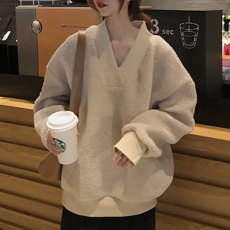 

Long Sleeve Solid Hoodie Women Autumn Winter V-Neck Loose Pullover Sweatshirt Plush Faux Fur Korean Teddy Cozy Top 2019 Fashion