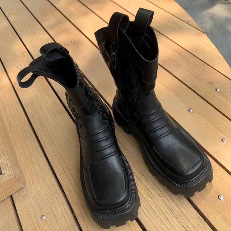 

Fashion Pleated Platform Women Mid-Calf Boots Genuine Leather Round Toe Chunky Heels Boot Wedding Shoes Women's Boots