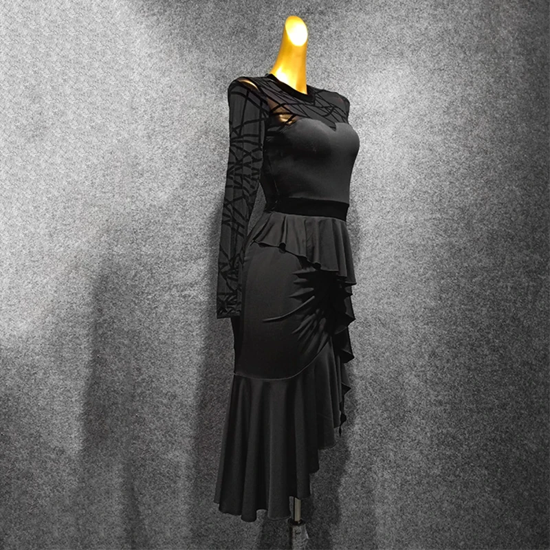 Latin Dance Dress Black Long Sleeve Adults Dancing Practice Clothing Rumba Tango Salsa Cha Cha Women Performance Wear