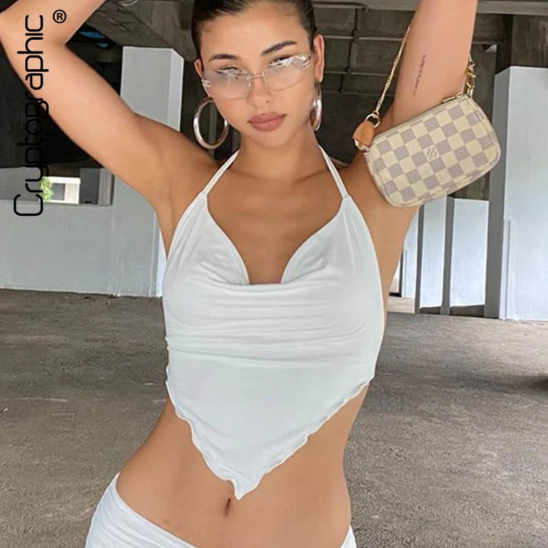 

Cryptographic White Sleeveless Sexy Halter Rhombus Crop Tops for Women Rave Festival Backless Lacing Cropped Feminino Tops