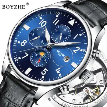 

BOYZHE Luxury Brand Mens Automatic Mechanical Watch Fashion Casual Leather Moon Phase Luminous Sports Watches relogio masculino