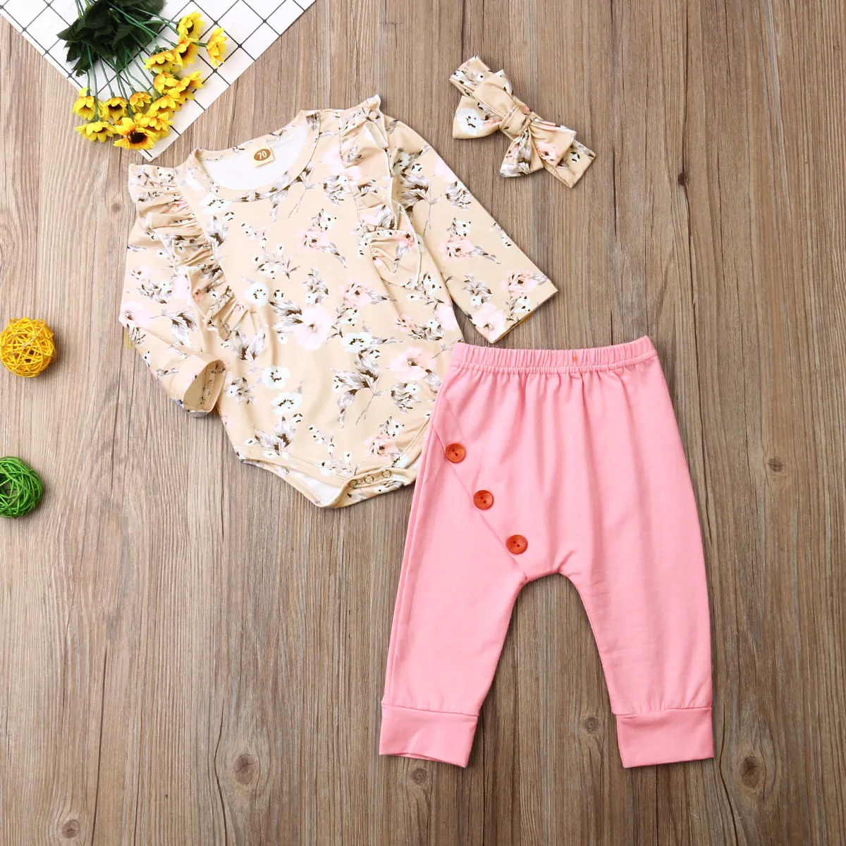 3pcs Newborn Baby Girl Clothes Sets Long Sleeve Ruffle Romper Tops+Floral Pants+Headband Outfit Set