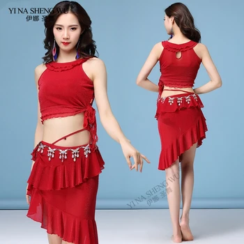 

New Women's sexy Mesh 5 Colour Clothing Short Sleeves+Skirt 2pcs Belly Dance Practice Suit For Women Belly Dance Set Top+Skirt