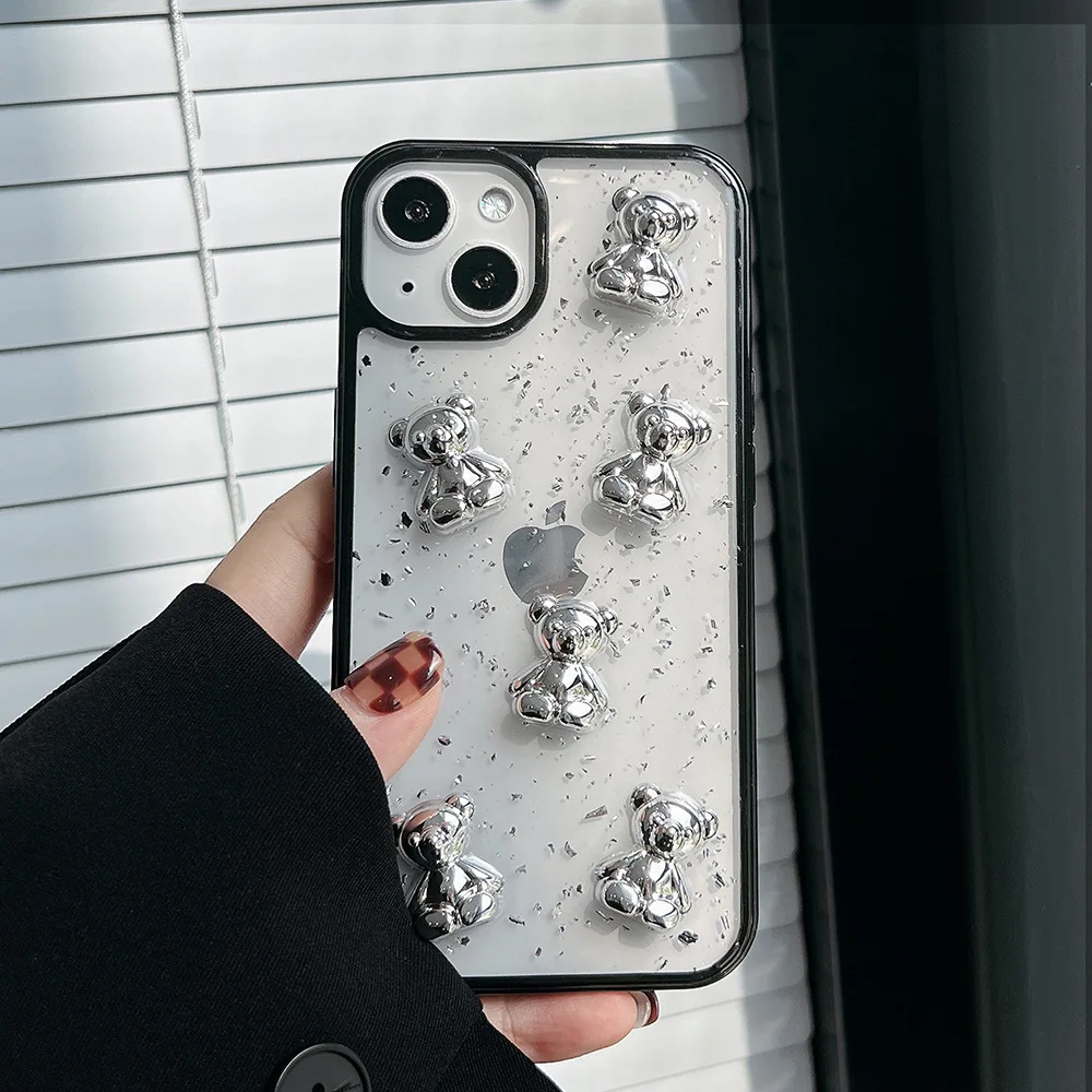 Retro kawaii silver foil bear transparent Phone Case For iPhone 13 11 12 Pro Max Xs Max XR 7 8 Plus X 7Plus case Cute Soft Cover