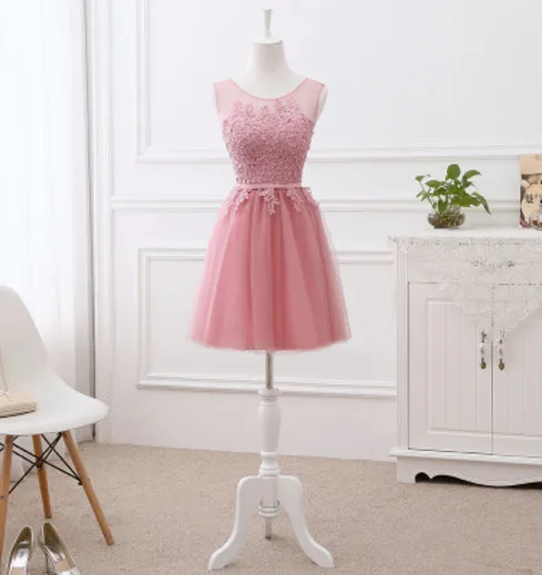 Vestido De Noiva для новобрачных новое шампанское платье подружки невесты с вышивкой; прозрачный и кружевом для маленьких девочек для свадьбы, банкета, Элегантное Длинное Выходные туфли на выпускной бал платья - Цвет: dusty pink short