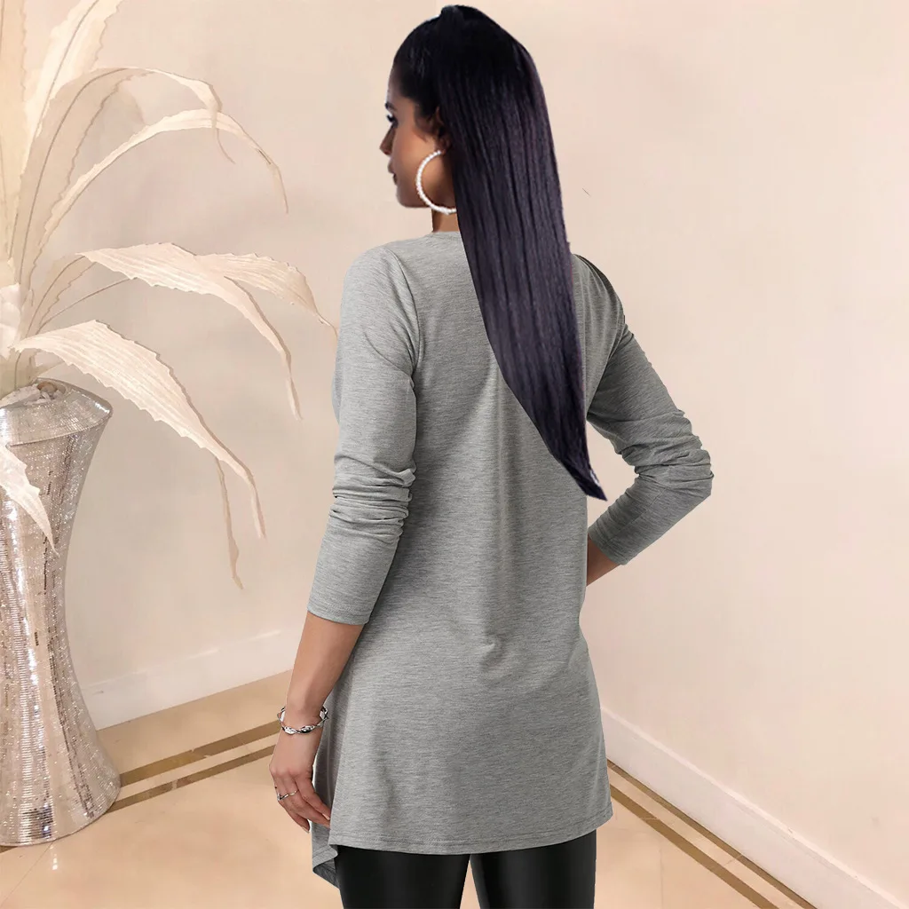 709 Экспресс-SellingWomen однотонная одежда с круглым воротником и с длинными рукавами; новая модель футболки осень