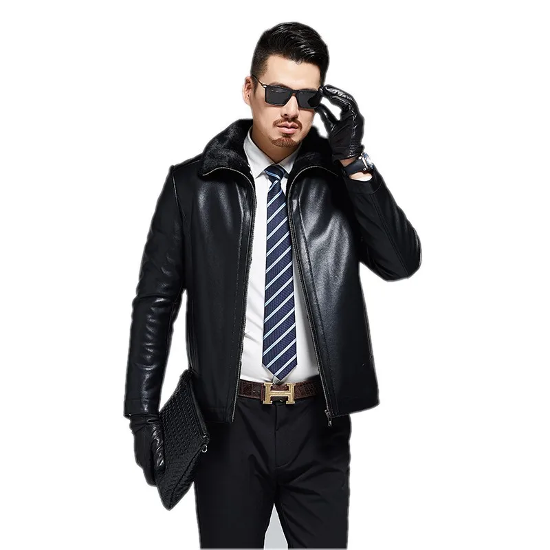 

1926 Men's Fur-in-One Sheepskin Coat Middle-aged and Old Aged Men with Thickened Turn-over Collar Winter Leather Jacket