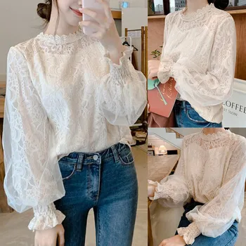 

Fashion 2020 New Women T-shirts Top Long Puff Sleeve Floral Lace O-Neck Casual tee summmer Ladies Solid Tops For Women Clothing