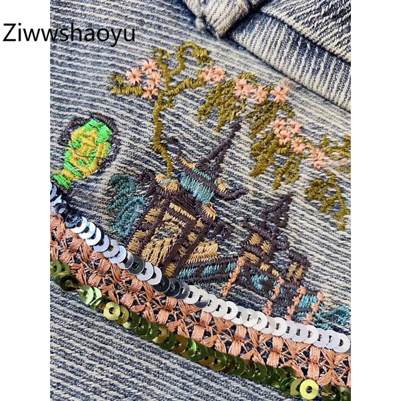 Ziwwshaoyu элегантный цветок вышивка слоеный короткий рукав Cheongsam Мини джинсовые платья Женская одежда высокого качества
