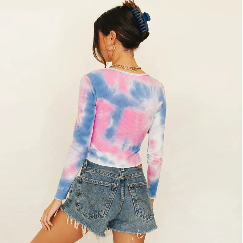 Harajuku Style Women's Tie-dye Cardigan Long-sleeved V-neck Short T-shirt Button Placket Sexy Crop Top Party Wear Street Wear