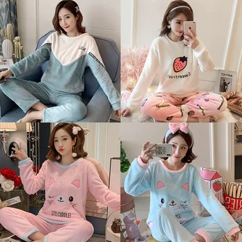 

Coral Velvet Pajamas Women's Winter Thick plus Velvet Warm Autumn And Winter Flannel Tracksuit Women's Winter Set