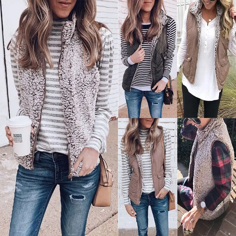 

Women Sleeveless Fleece Jacket Winter Vest Female Slim Reversible Vest Windproof Warm Waistcoat