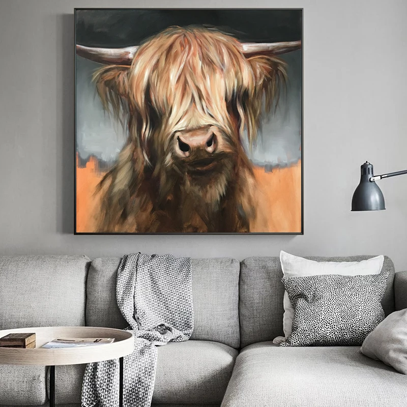 thumbnail image 1 of Cuadro de vaca de las tierras altas de una pieza impreso en lienzo, carteles de animales, imagen artística de pared para sala de estar, decoración moderna del hogar sin marco, 1 of 5