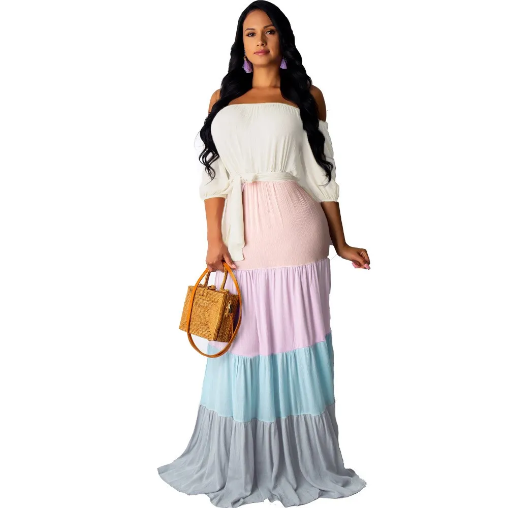 

Summer Off Shoulder Sexy Dress Women High Waist Sashes Patchwork Party Dress Vestidos Bohemian Chiffon Beach Maxi Dress