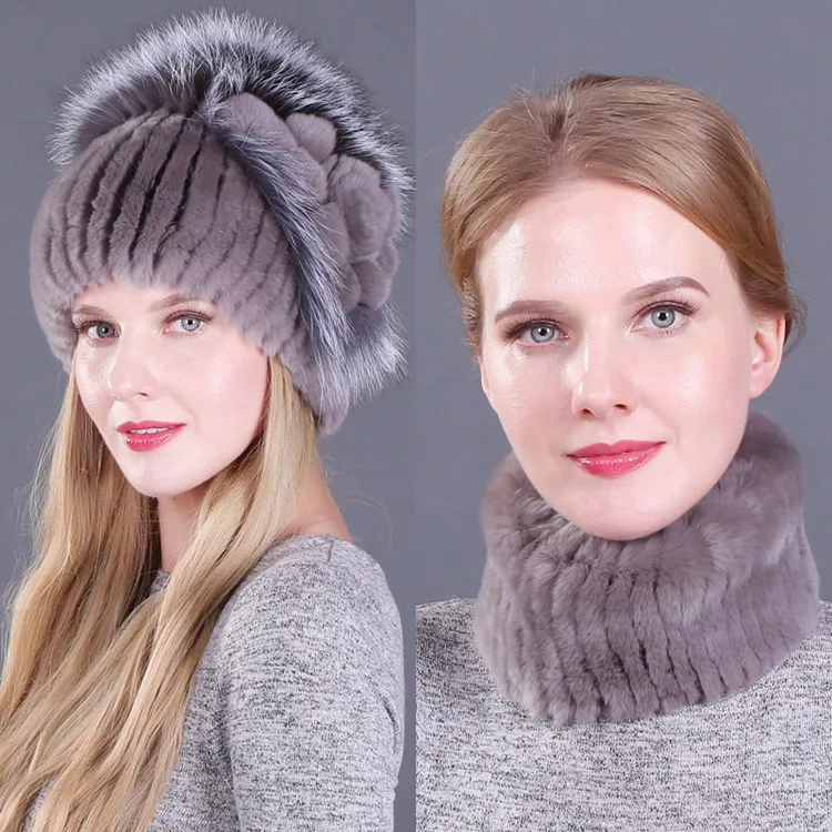 Real Rex Rabbit Fur Women Hat Scarf Sets Winter Thick Warm Vintage Fur Female Caps Scarves Casual Ladies Hats New Arrival - Цвет: color10
