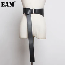 [EAM] женский длинный широкий пояс из искусственной кожи черного цвета с разрезом и узлом, Новая модная женская одежда, подходит ко всему, Осень-зима 19A-a292