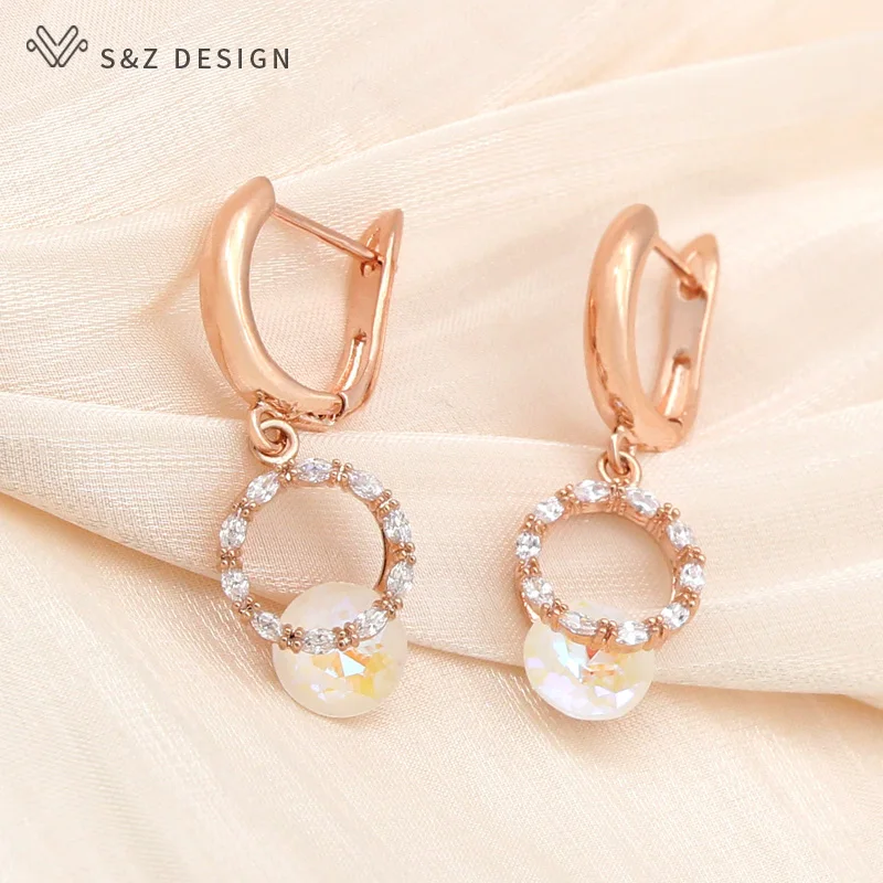 S&Z DESIGN New Cute Round Cubic Zirconia Crystal Dangle Earrings For Women Party Fashion Jewelry Lady Girls Daily Accessories