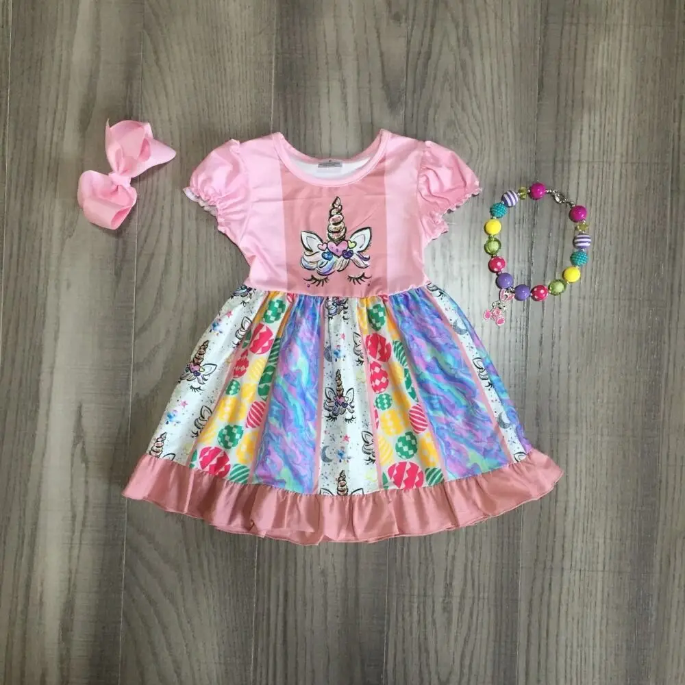 Пасхальное платье для маленьких девочек платье с короткими рукавами для девочек с принтом единорога, мягкое шелковое платье для девочек милое платье с аксессуарами для девочек