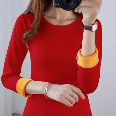Размера плюс M-4XL теплая дутая куртка золото бархатные Нижние рубашки Для женщин Зимняя кофта с длинными рукавами и высоким воротником Термальность формирующее белье боди, пижамный комплект - Цвет: O-neck red