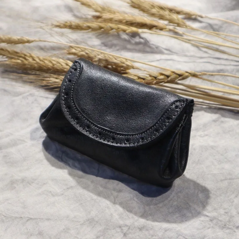 Black Кошелек из натуральной коровьей кожи для женщин и мужчин, винтажный короткий кошелек для монет ручной работы, маленький кошелек для монет - Цвет: Black