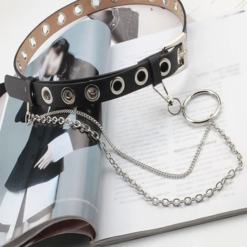 

Women Punk Chain Fashion Belt Adjustable Black Single Eyelet Grommet Leather Buckle Belt