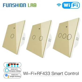 

Gold WiFi Smart Light Switch RF433 Wireless Remote Control Glass Panel Light Switch Works With Alexa Echo Google Home 1/2/3 Gang