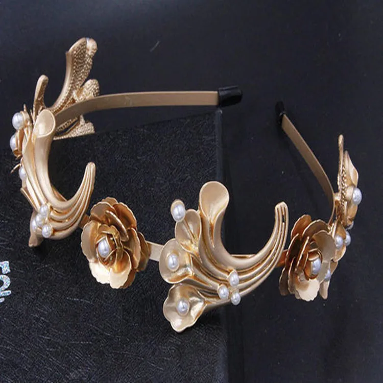 Винтажные золотые металлические цветочные листья барокко жемчужные повязки аксессуары, ленты для волос для женщин подарок ювелирные изделия