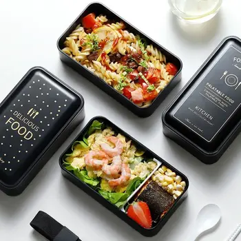 

1pc Lunch Box INS Nordic Style Black Print With Cutlery Can Microwavable Plastic FOOD Double Rectangular Student Adult Lunch Box
