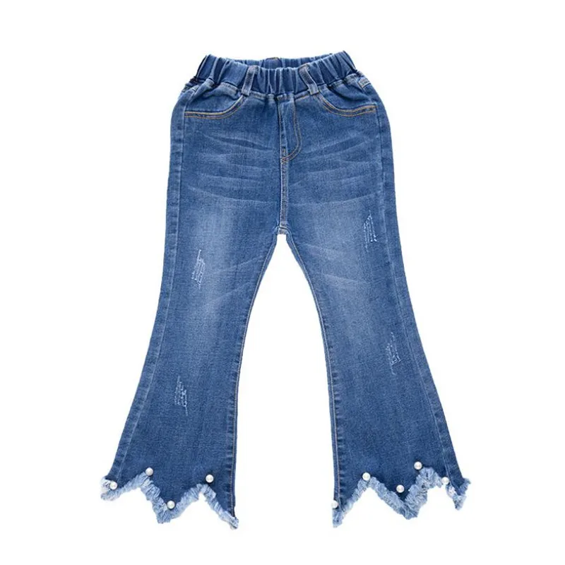 Новинка года, джинсы для девочек-подростков модные штаны на толстой подошве Длинные прямые джинсы с бусинами для девочек от 3 до 12 лет, одежда для больших девочек