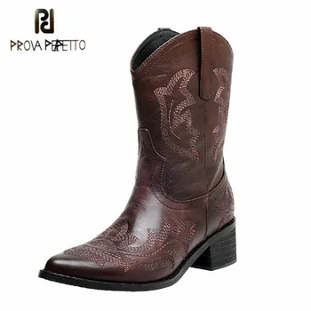 

Prova Perfetto Floral Totem Design Women Boots Pointed-Toe Leather Sexy Party Shoes Retro Chunky Heel Ankle Boots Women Fashion