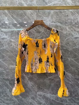 

New 2020 summer designer Women crop top floral print slash neck flare sleeve elastic ruched sexy blouses yellow red