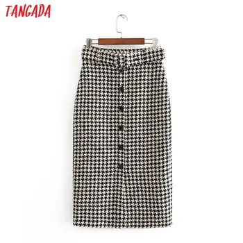

Tangada women elegant plaid tweed midi skirt with belt autumn winter fashion office ladies work skirts 3h182