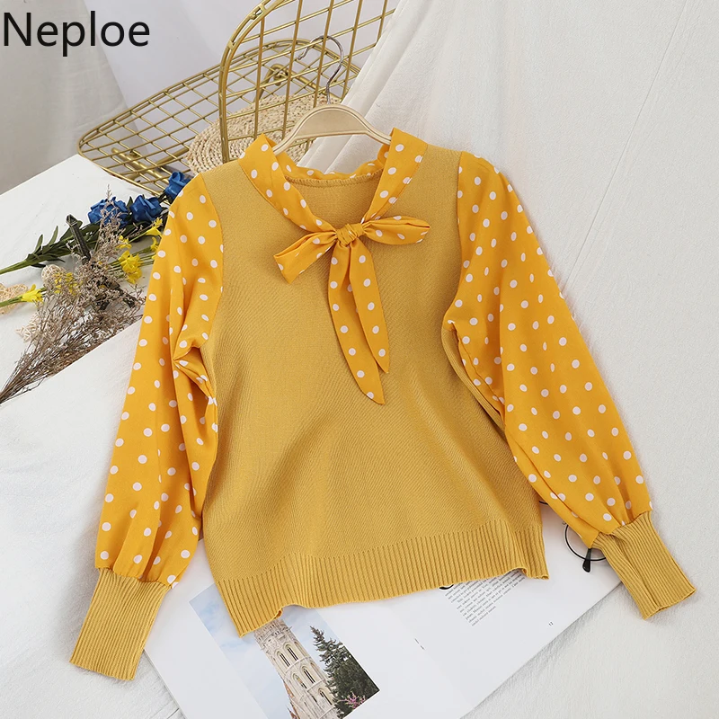 Блузка Neploe с круглым вырезом, на шнуровке, с бантом, контрастный цвет, в стиле пэчворк, вязанная блуза, осень-весна, новинка, рубашка в горошек с длинными рукавами, 48327
