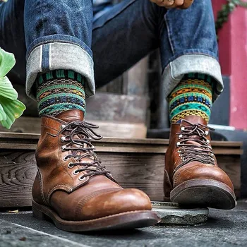 

Mens High Quality Vintage Genuine Leather Motorcycle Fashion Lace Up Round Toe Winter Warm Male Ankle Boots Cargo Shoes