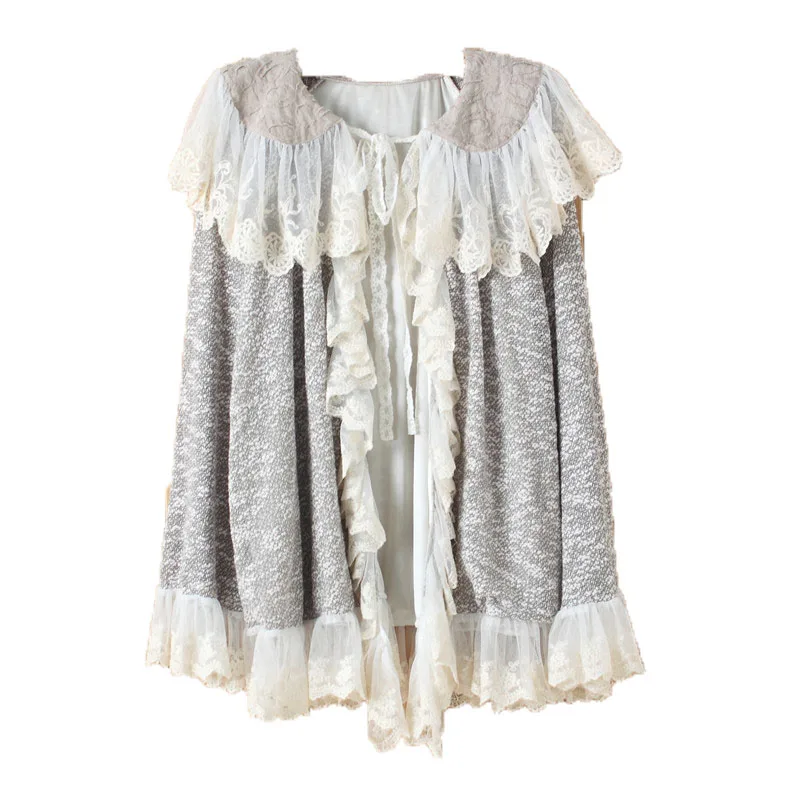 Japanse Mori Meisje Lolita Hippie Boho Harajuku Retro Vintage Gebreide Kant Ruche Flare Mouw Tweed Jas Vrouwen Herfst Jas Japanse Mori Meisje Lolita Hippie Boho Harajuku Retro Vintage Gebreide Kant Ruche Flare Mouw Tweed Jas Vrouwen Herfst Jas