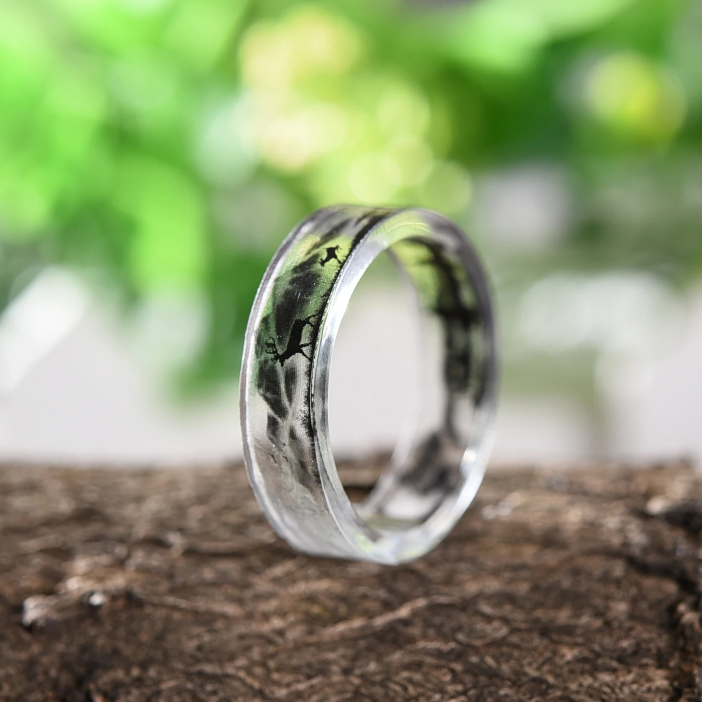Прозрачный пластик кольцо дерево и птицы чернила живопись с внутренним декором эпоксидной смолы кольца для женщин палец Панк ювелирные изделия