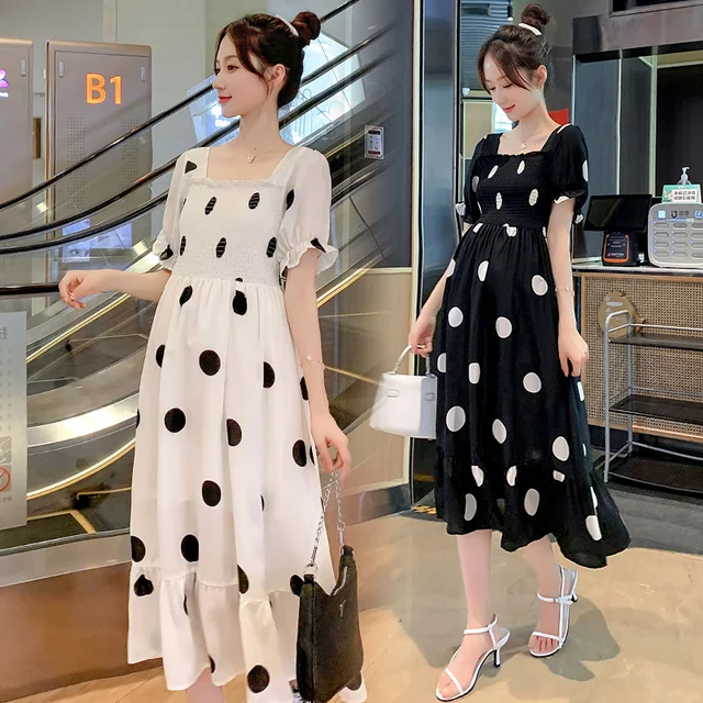9398# 2021 Summer Korean Fashion Maternity Long Dress Elegant A Line Clothes for Pregnant Women Sweet Polka Dot Pregnancy 1