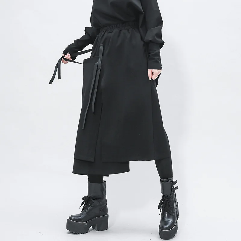 

High Elastic Waist Black Irregular Split Skirts Temperament Half-body Skirt Women Fashion Tide with Pocket Ribbons Spring Summer