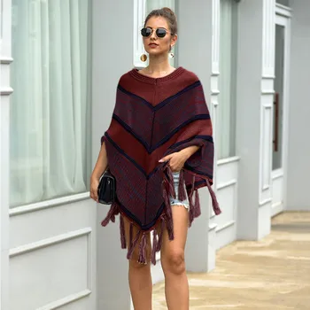 

2019 New Fashion Polyester Tassel Women Winter Knitted Cashmere Poncho Capes Shawl Cardigans Sweater Coat Poncho Capes #816