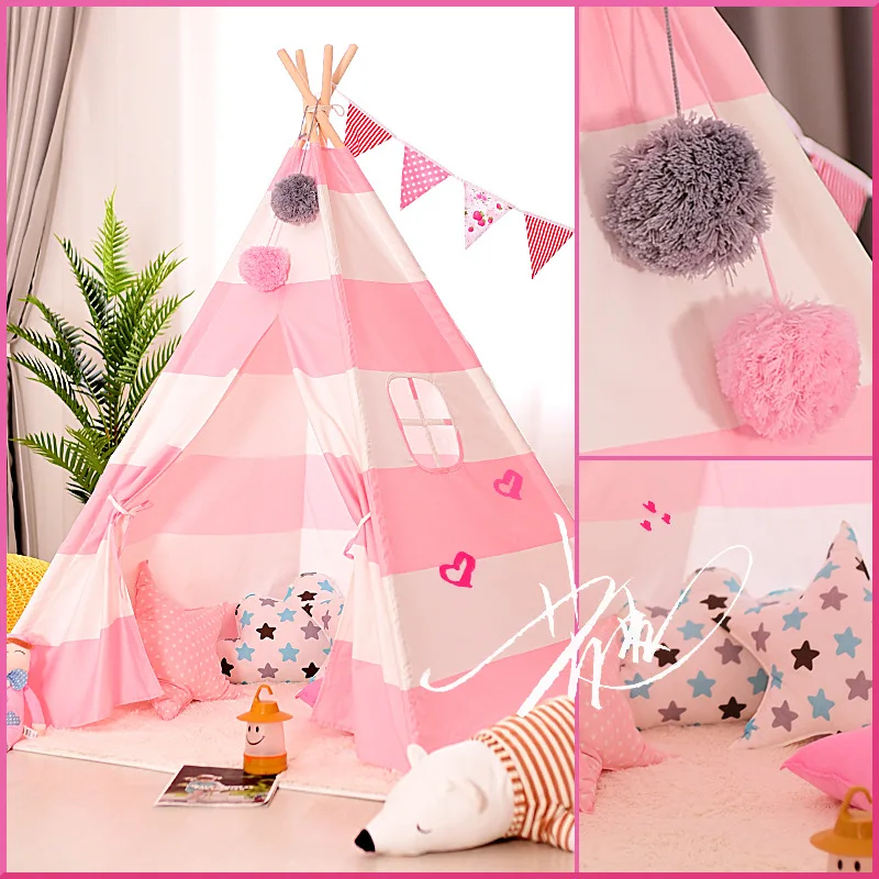 

Tent Infant Climbing KID'S Tent Indoor Baby Game House Pink And White Stripe Teepee Tent for Children