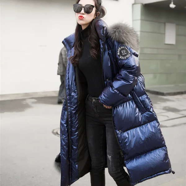 

Ozhouzhan 2019 New Style down Jacket Women's Long over-the-Knee Bright Surface Fashion Loose Large Fur Collar Cotton Coat