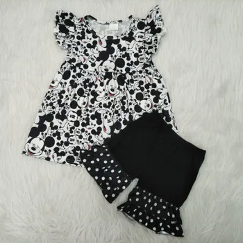 

new fashion cute mice pattern flying sleeves top matches solid black shorts outfits infant toddler clothing baby summer outfit