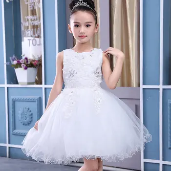 

Girls White Lace Dress Rhinstone Beading Sleeveless Kids Gauze Dress Layered Jumper Party Wedding Baptism Tulle Dresses Frock