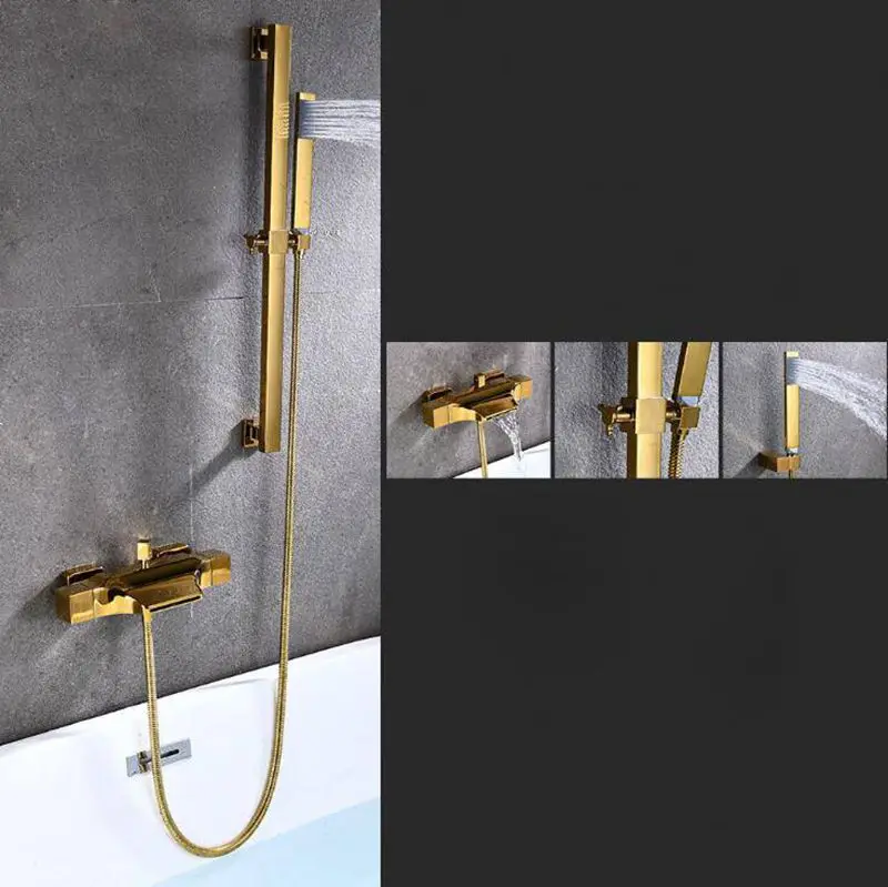 with sliding holder Роскошный Золотой смеситель для ванны, смеситель горячей и холодной воды, настенный кран для ванны, смесители с раздвижной планкой, смеситель для душа ELM723G - Цвет: with sliding holder