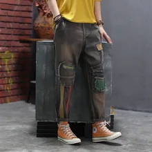 Осенние джинсы женские Ретро Свободные повседневные джинсовые брюки женский эластичный пояс карман Лоскутная винтажная девушка-Мори брюки